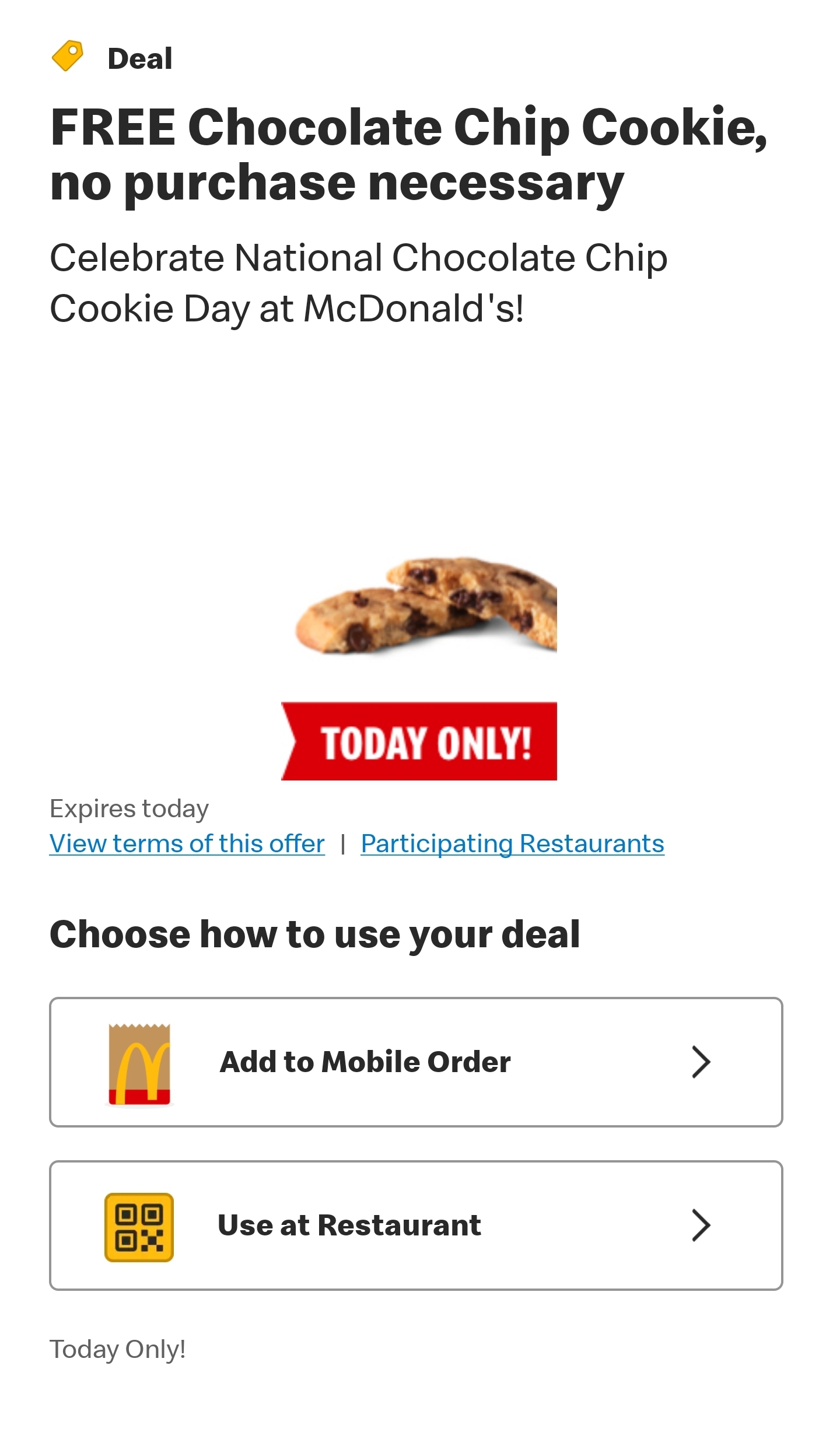 Free McDonald’s Chocolate Chip Cookie TODAY ONLY