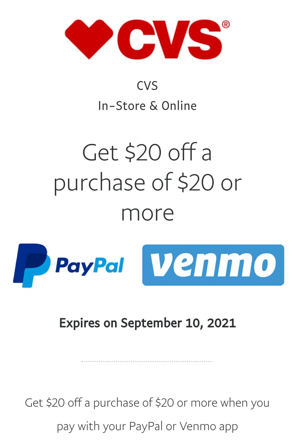 CVS $20 off $20+ Purchase using Paypal or Venmo (YMMV)