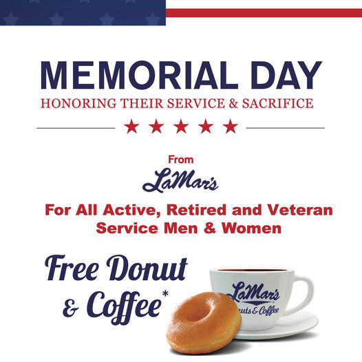 Free Donut & Coffee for Veterans and Military at LaMar’s Donuts on May 30