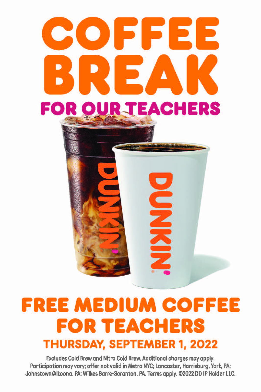 FREE Medium Hot or Iced Coffee for Teachers at Dunkin’ Donuts on September 1st