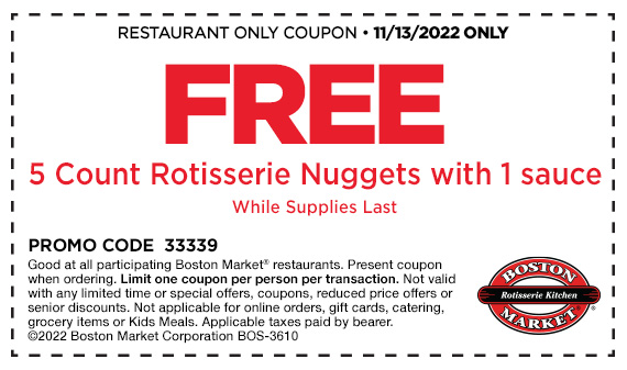 FREE 5 Piece Rotisserie Chicken Nuggets at Boston Market (11/13 Only)