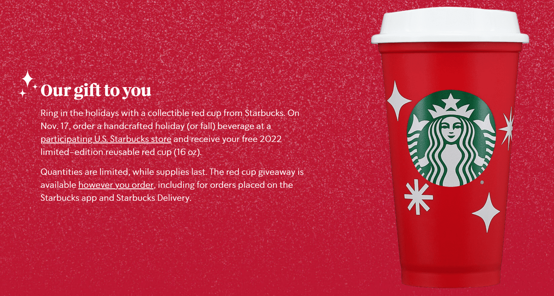 FREE Starbucks Limited-Edition Reusable Red Cup with Purchase on November 17th