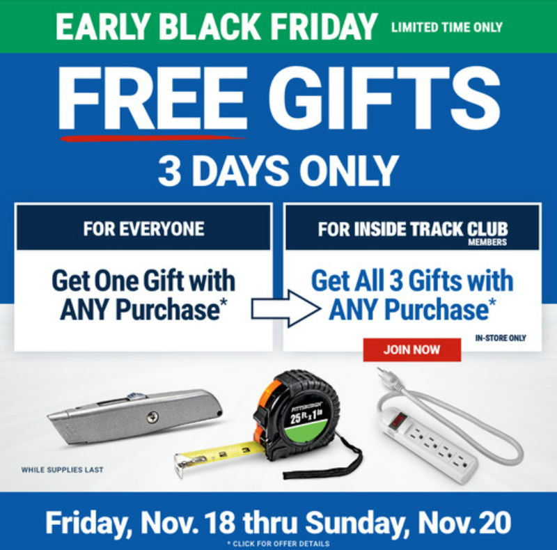 3 Free Gifts with Any Purchase at Harbor Freight